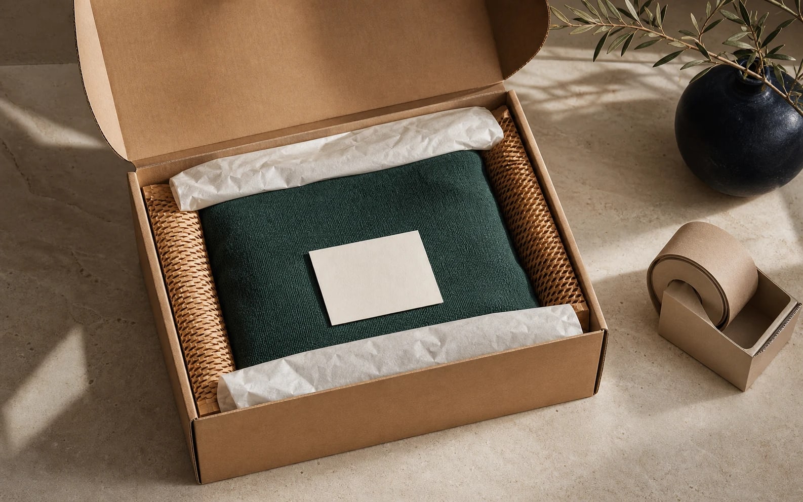 Caja de despacho proporcionada con tejido verde, papel tissue y protección kraft
